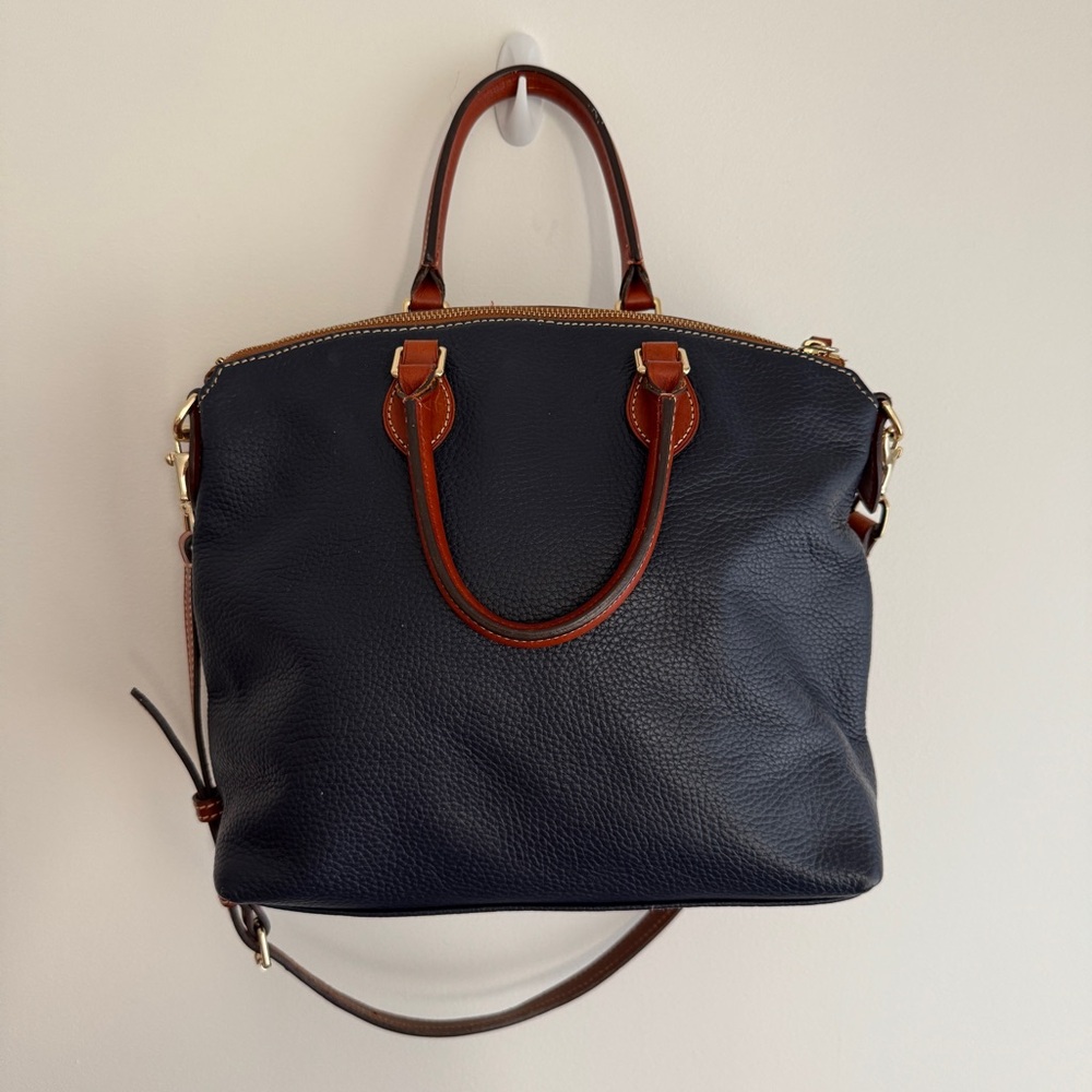 Dooney & Bourke Pebbled Dark Blue and Tan Leather Handbag - Picture 4 of 7